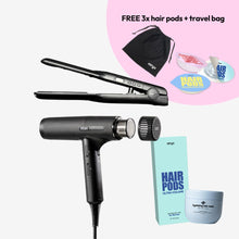 Load image into Gallery viewer, 1 Hairdryer + 1 Prostyler + 1 Box of Hairpods + 1 Hair Mask + 3 FREE Pods + 1 Travel Bag
